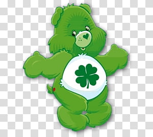 Green Care Bear with a white belly badge featuring a green four-leaf clover, arms outstretched in a friendly pose.