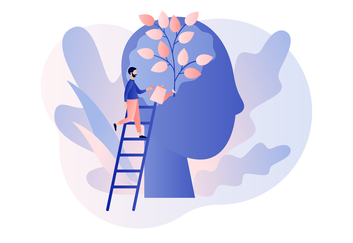 A person on a ladder waters a plant growing from a large human head silhouette, symbolizing mental growth and self-care.