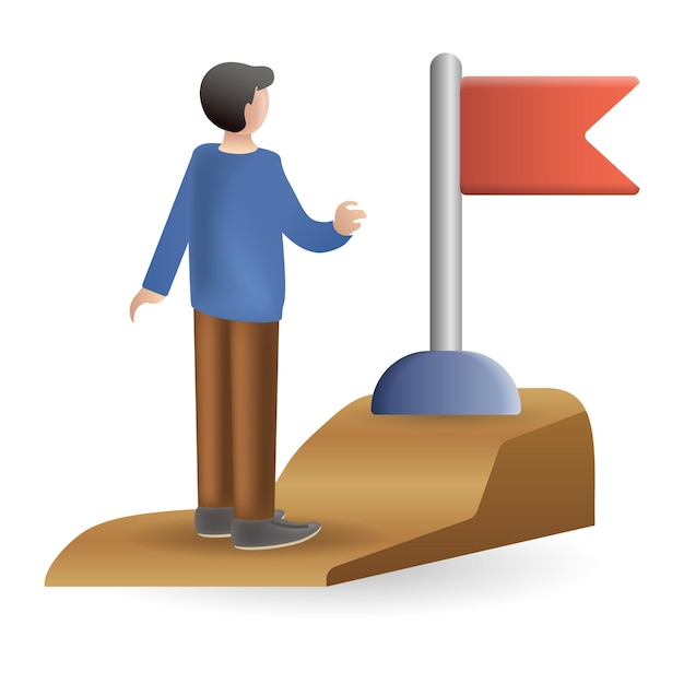 A man in a blue shirt stands before a red flag on a hill, symbolizing goal achievement or milestone completion.