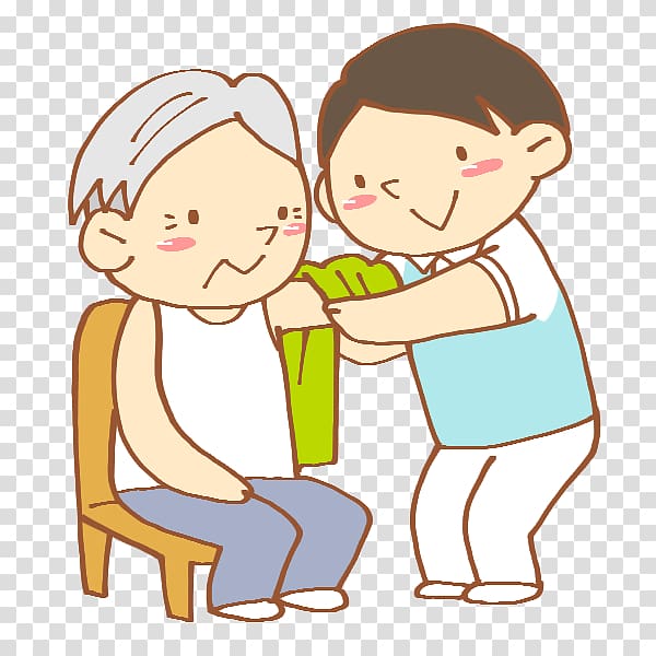 A caregiver assists an elderly person seated in a chair, handing them a green cloth or towel with care and warmth.
