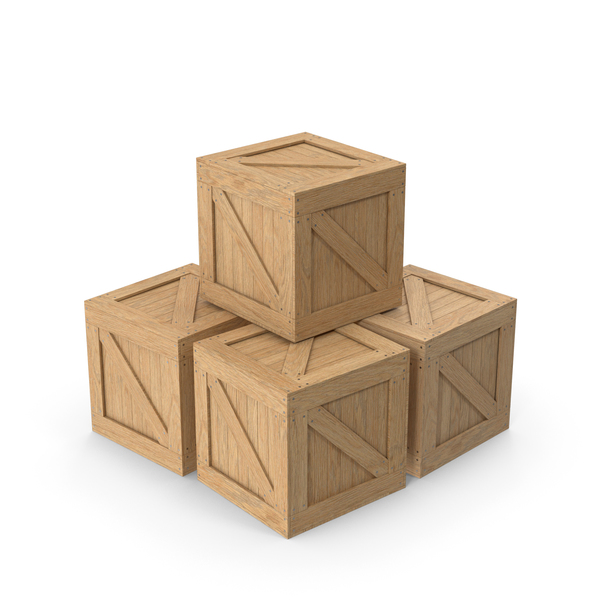 Four light wooden crates stacked in a pyramid formation on a white background.