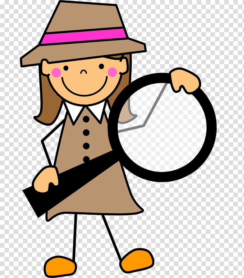 Smiling cartoon girl detective in brown hat and coat holding a magnifying glass.