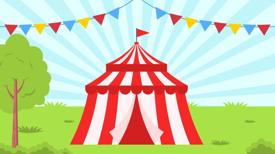 Red and white striped circus tent with colorful bunting flags in a sunny park setting.