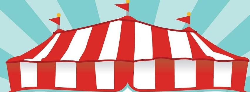 Red and white striped circus tent with three flags against a sunburst blue background.