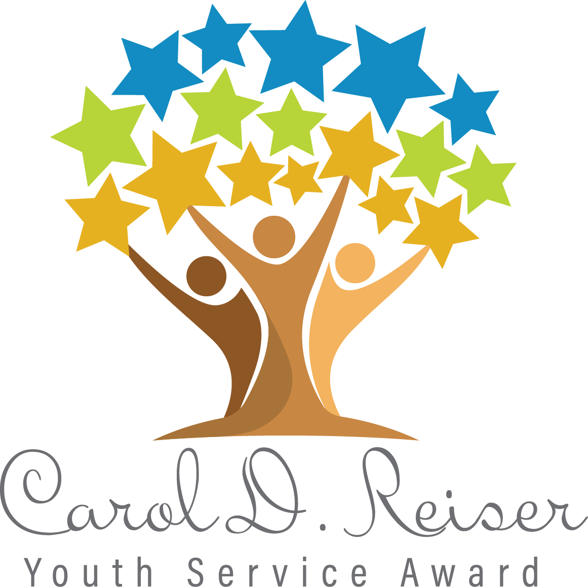 Carol D. Reiser Youth Service Award logo featuring three stylized people forming a tree with colorful star leaves.