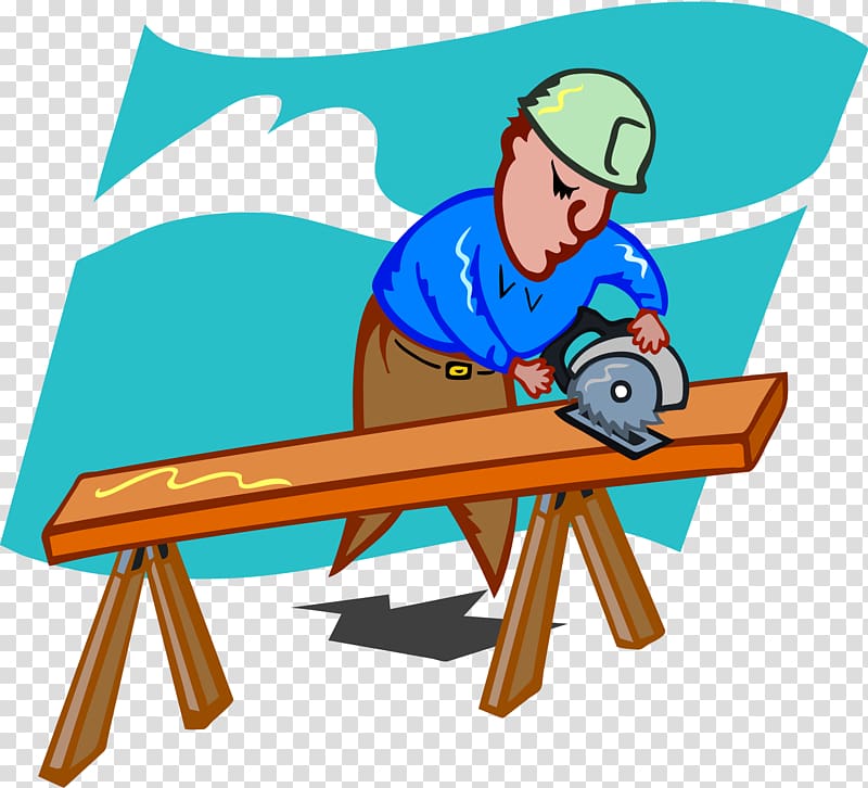 Carpenter in blue shirt and green hard hat using circular saw on wooden plank supported by sawhorses.