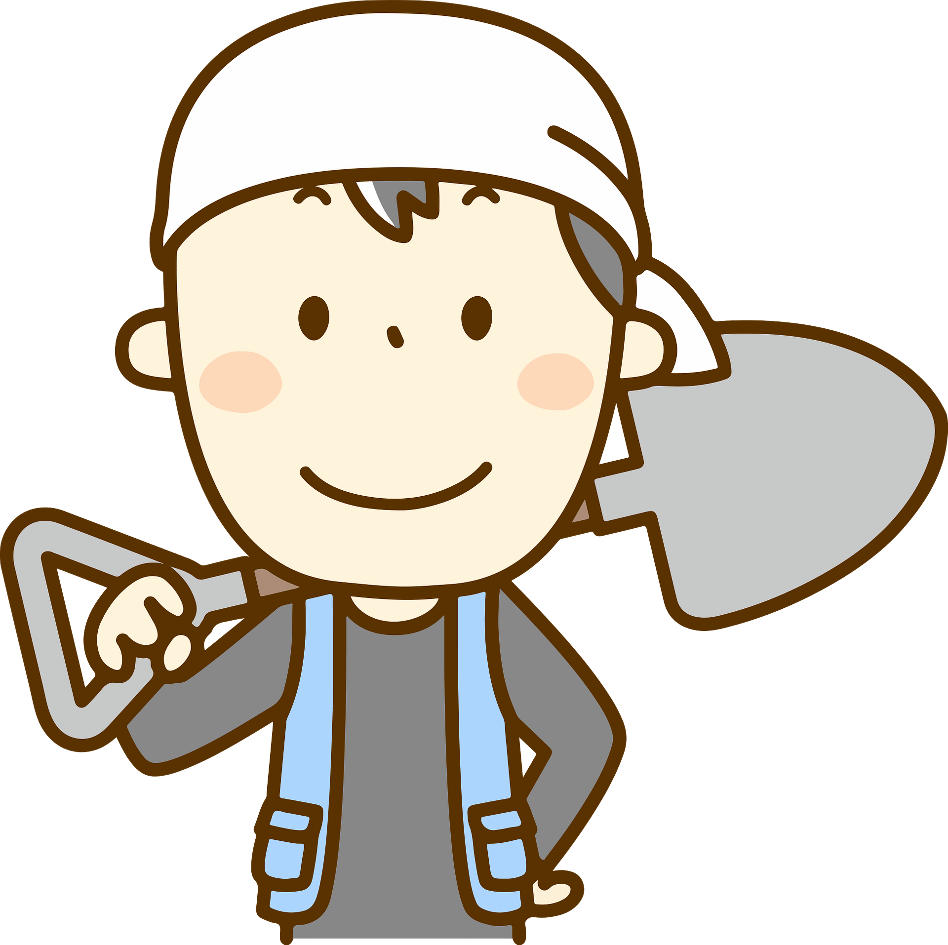 Smiling cartoon boy wearing a white cap and gray vest, holding a shovel over his shoulder.