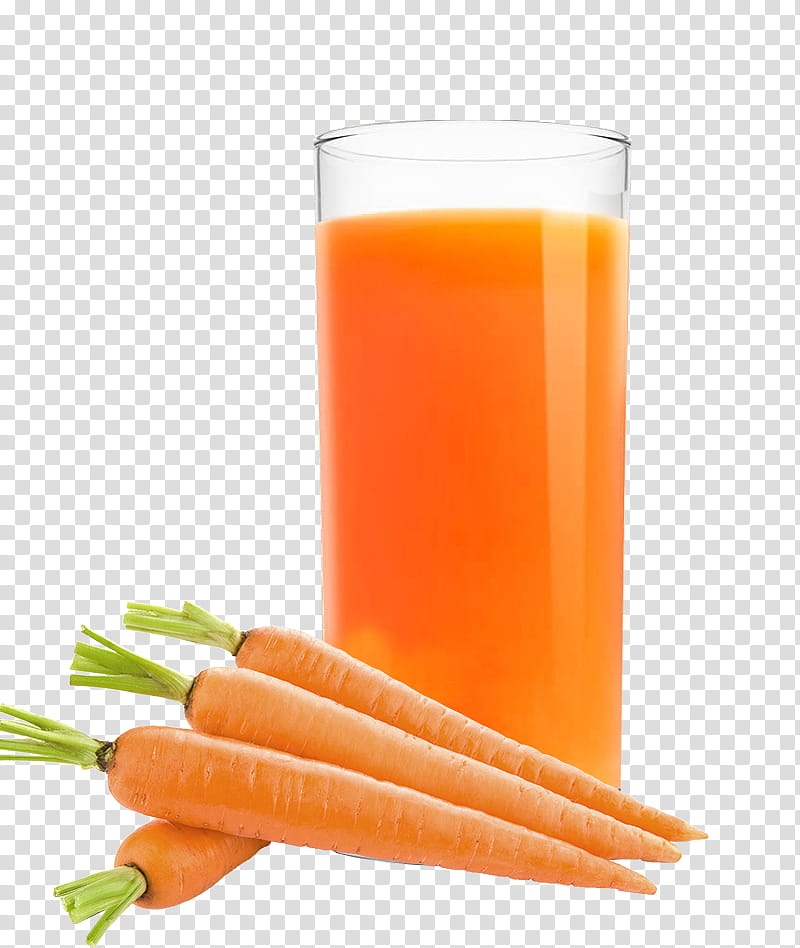 Fresh carrots with green tops beside a tall glass of vibrant orange carrot juice on transparent background.