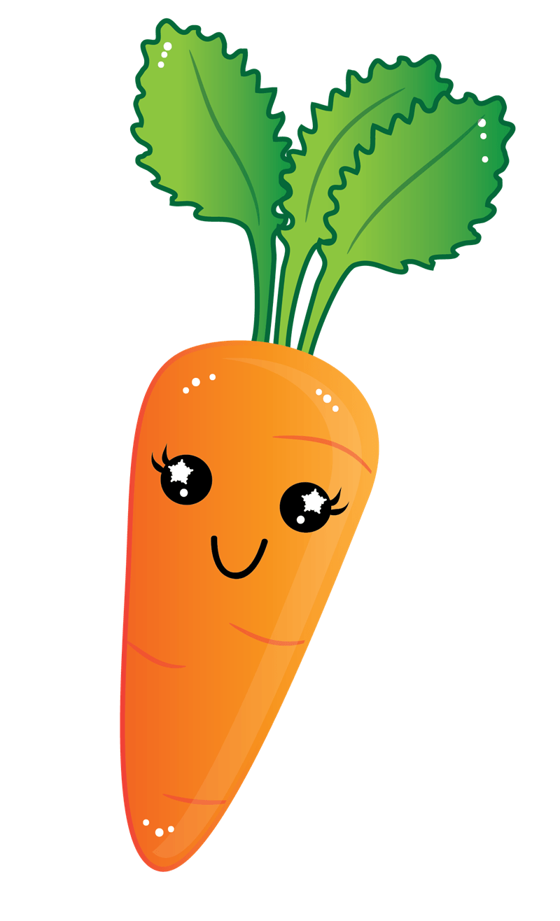 Cute cartoon carrot with smiling face, sparkling eyes, and green leafy top on black background.