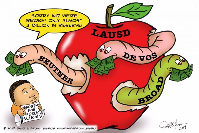 Political cartoon showing worms labeled Beutner, De Vos, Broad feeding on a red apple labeled LAUSD while a child holds "Money for Public Schools" sign.