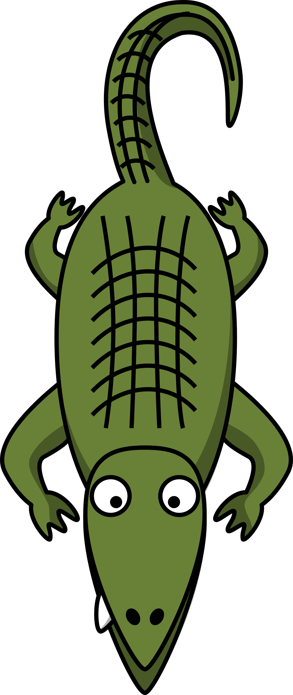 Green cartoon alligator with stitched back, wide eyes, and a single visible tooth, facing forward on black background.