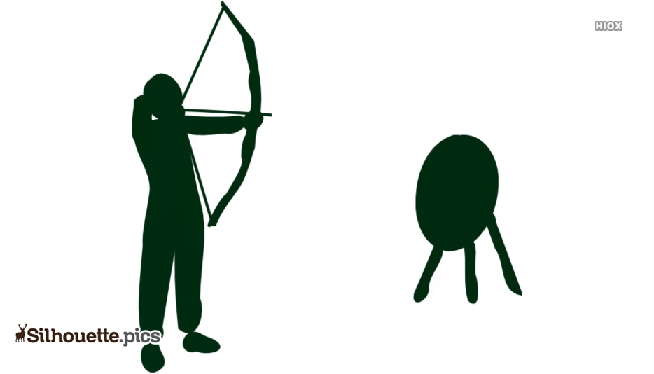 Silhouette of an archer aiming a bow at a target with three legs, on white background.