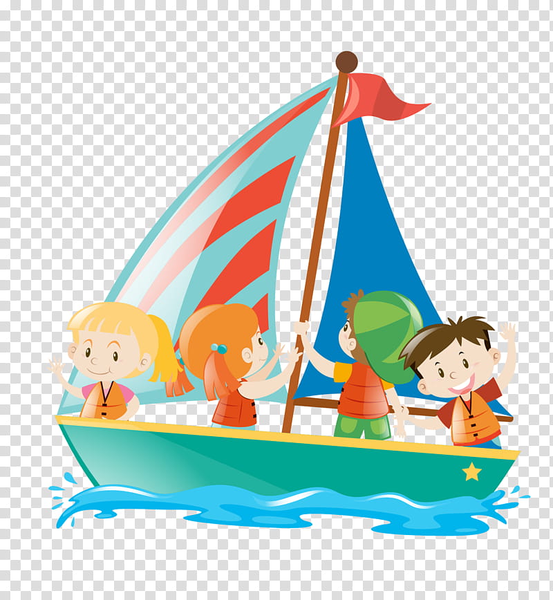 Four smiling children in life vests sailing a colorful sailboat with red and blue sails on blue water.
