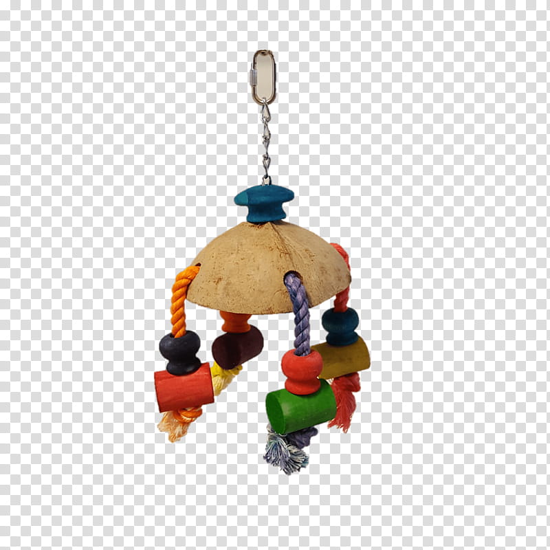 Colorful hanging bird toy made from a coconut shell, wooden beads, rope, and tassels for enrichment and play.