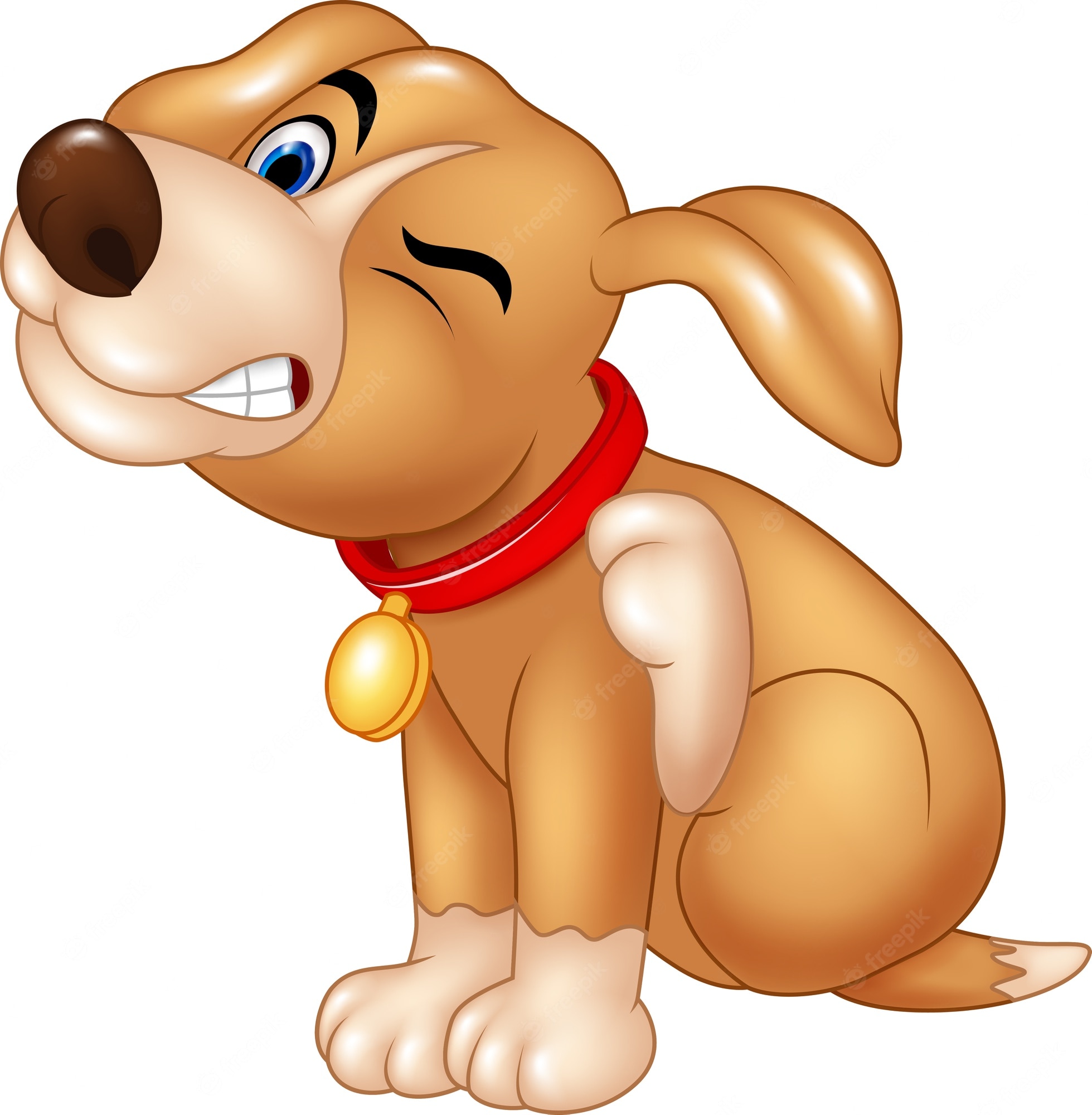 Cute cartoon brown puppy winking, wearing red collar with gold tag, sitting playfully.