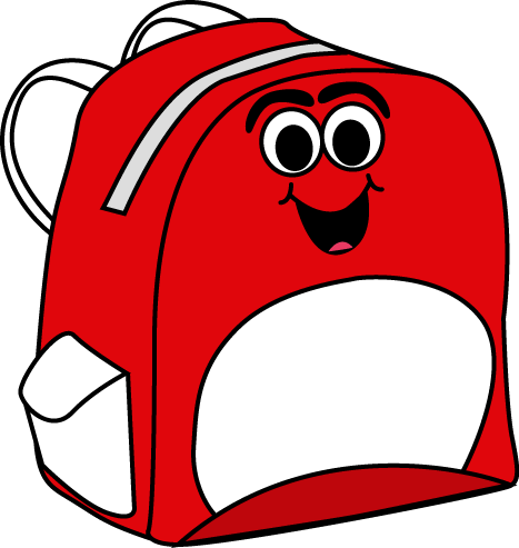 Cheerful red cartoon backpack with smiling face, big eyes, and white accents.