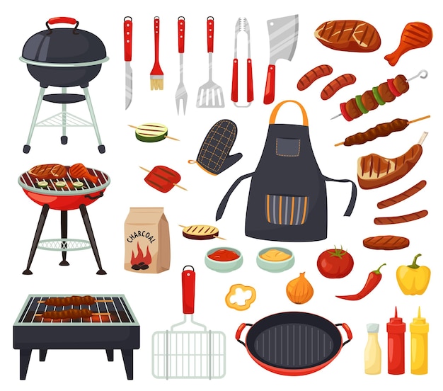 Collection of barbecue tools, grills, meats, vegetables, sauces, and accessories in flat vector illustration style.