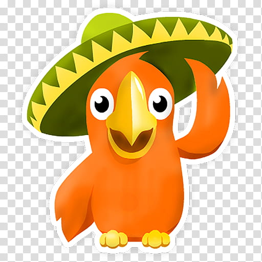 Cheerful orange cartoon bird wearing a green and yellow sombrero, waving with one wing.