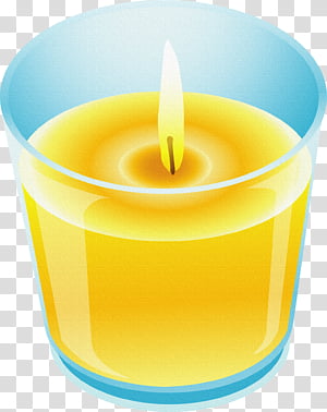 A lit yellow candle in a transparent blue-rimmed glass holder, with a steady flame and smooth wax surface.