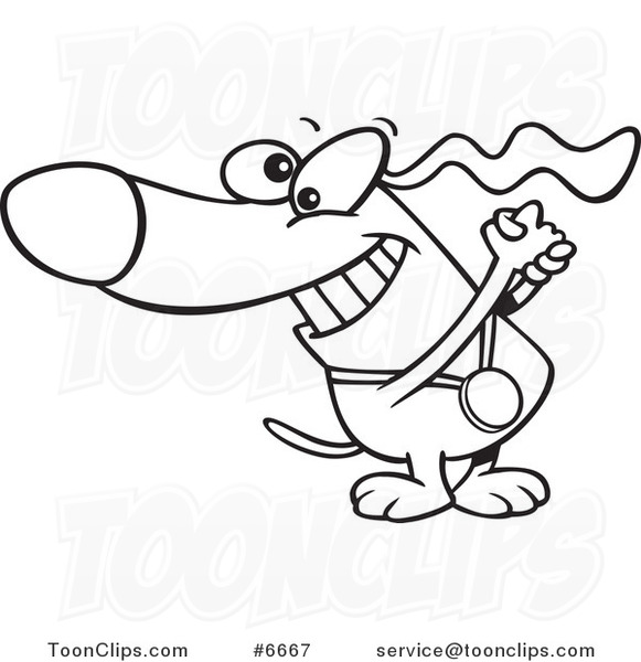 Cartoon dog wearing a stethoscope, smiling widely with a playful expression and raised fist.