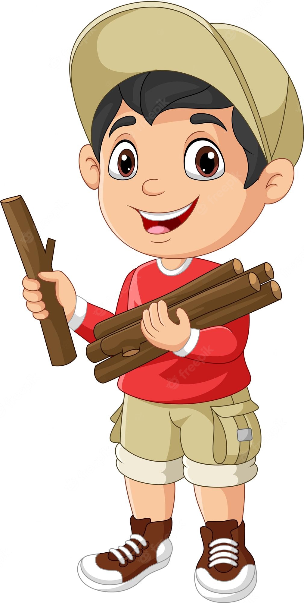 Cheerful cartoon boy scout holding firewood and a stick, wearing a cap and outdoor gear.
