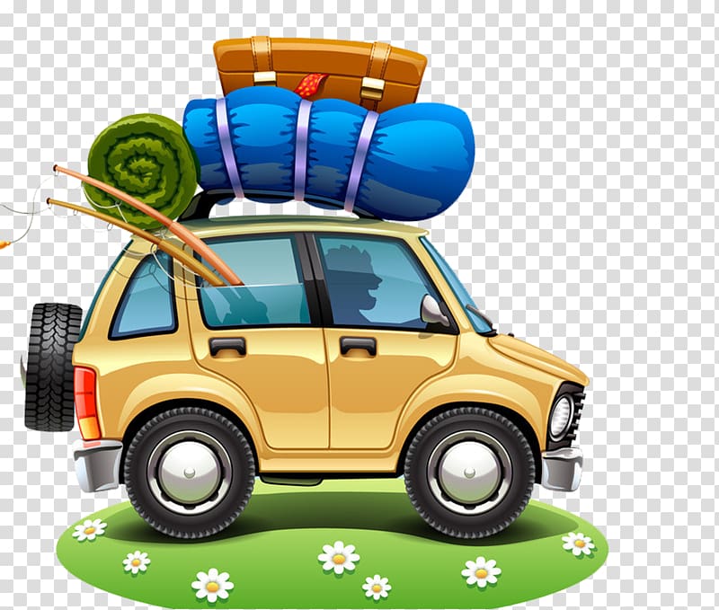 Yellow SUV packed with camping gear-sleeping bag, tent, fishing rods, spare tire-on grass with daisies.