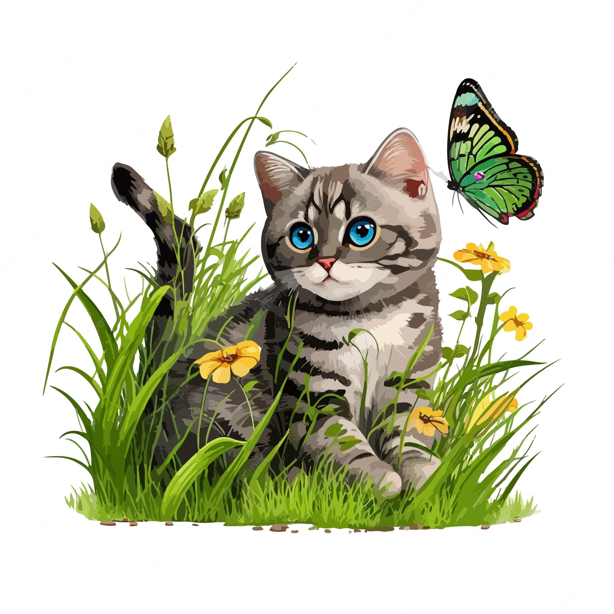 Gray tabby kitten with blue eyes sits in green grass among yellow flowers, watching a colorful butterfly flutter nearby.