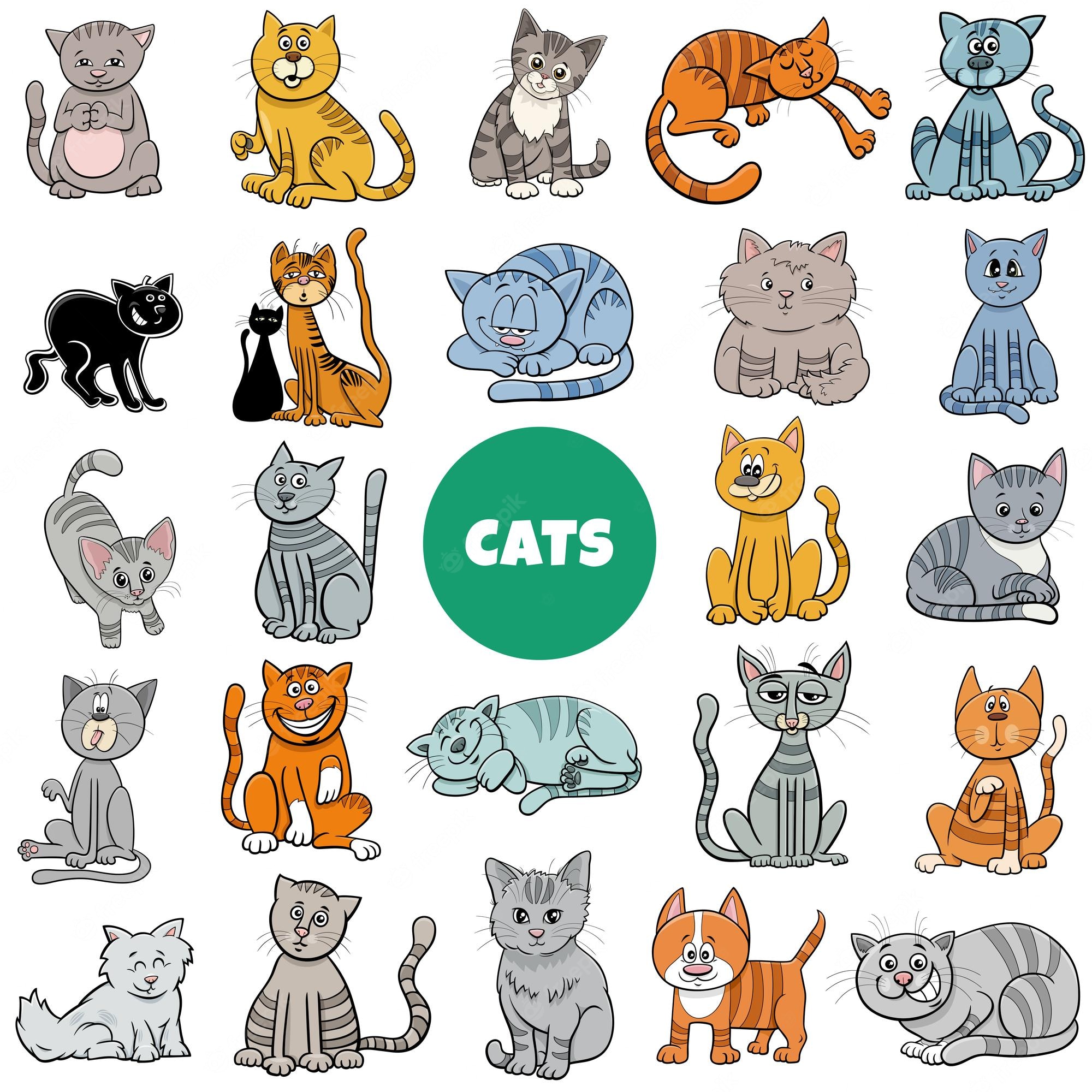 Collection of 25 cartoon cats in various poses, colors, and expressions, centered around a green "CATS" label.