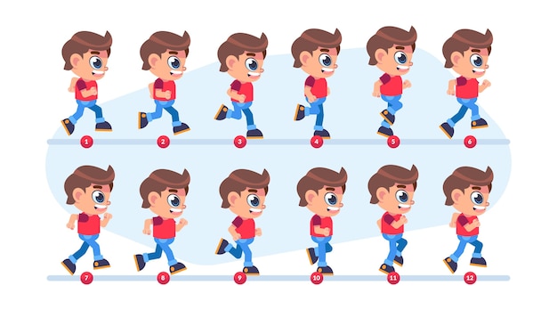 Animated boy running in 12 sequential frames showing full walking/running cycle.