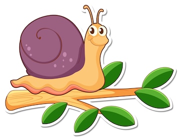 Cartoon snail with purple shell perched on a green-leafed branch, smiling cheerfully.