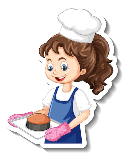 Happy young chef with curly brown hair, white hat, blue apron, holding a baked cake on a tray with pink oven mitts.