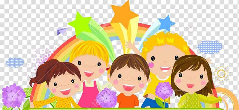 Five smiling cartoon children with colorful stars, rainbow, and flowers in a joyful educational illustration.