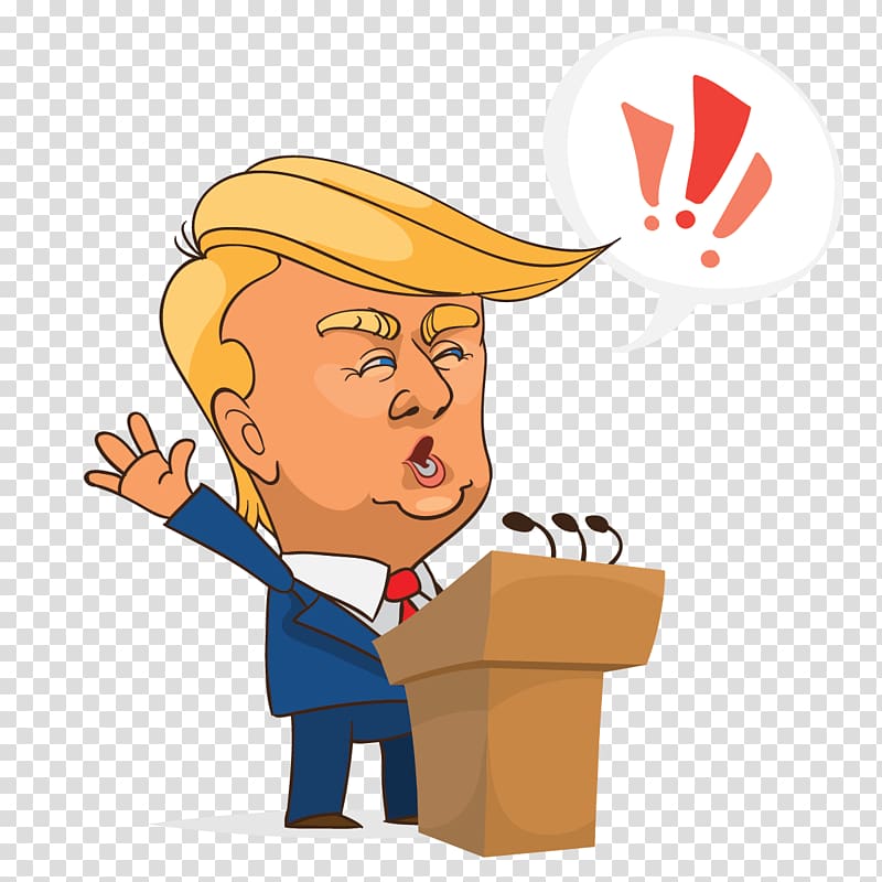 Cartoon caricature of a blond-haired man in a blue suit speaking at a podium with exclamation marks in a speech bubble.