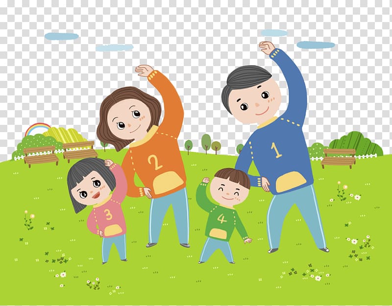 A cheerful family of four doing stretching exercises together in a sunny park with benches, trees, and a rainbow.