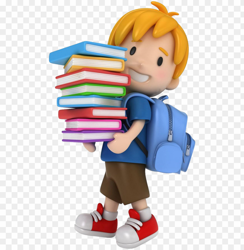 Smiling cartoon boy with blond hair carrying a tall stack of colorful books and wearing a blue backpack.