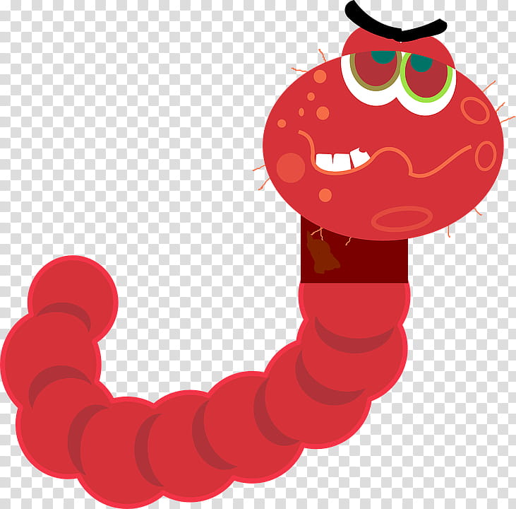 Red cartoon worm with expressive eyes, angry eyebrows, and a smiling mouth, coiled on transparent background.