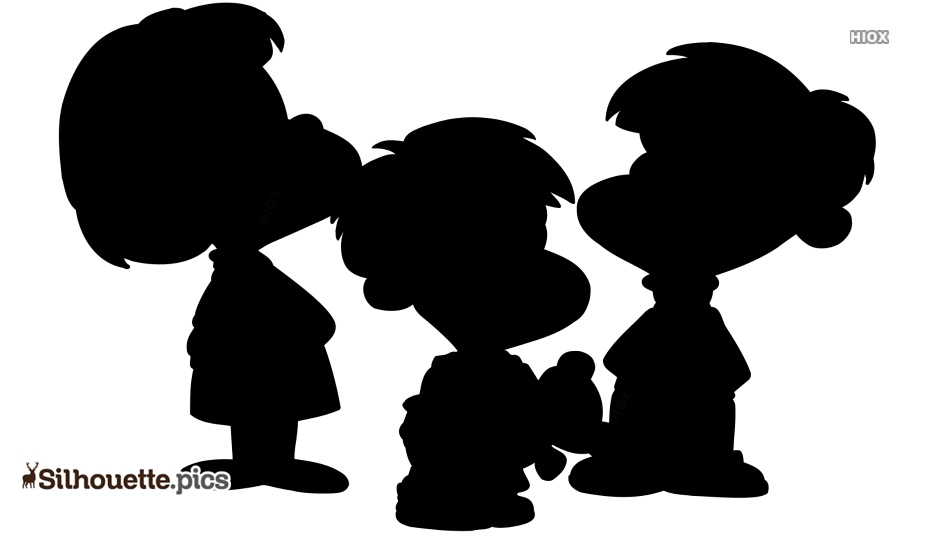 Silhouette of three Peanuts-style cartoon children interacting closely, one holding a teddy bear.