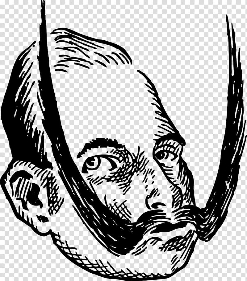 Black-and-white ink illustration of a man’s face with exaggerated mustache and intense gaze, framed by stylized curved lines.
