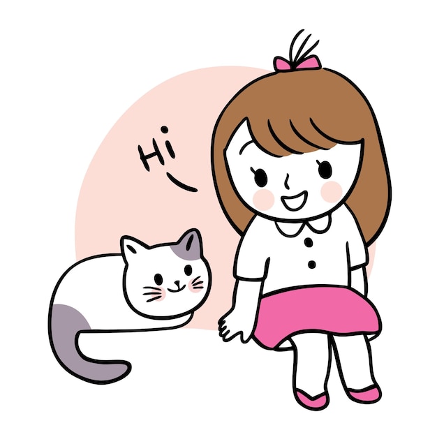 A smiling girl with brown hair and a pink bow sits beside a white-and-gray cat waving "Hi".