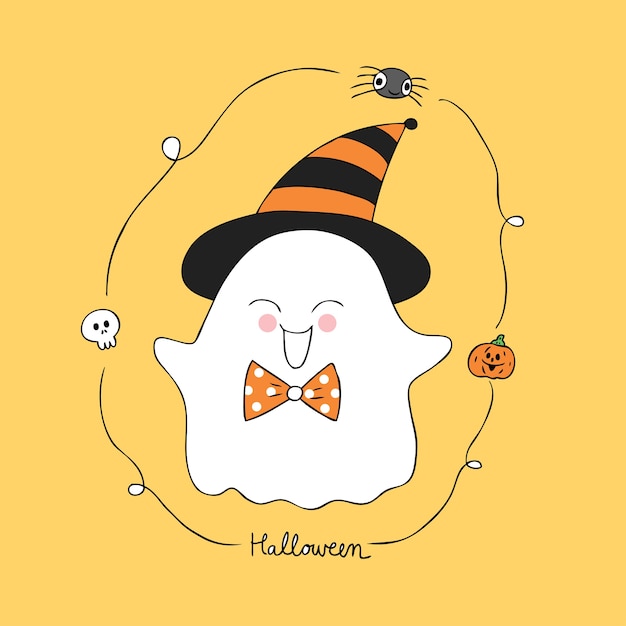 Cute cartoon ghost in witch hat with bowtie, surrounded by Halloween icons like pumpkin, skull, spider, and string lights on yellow background.
