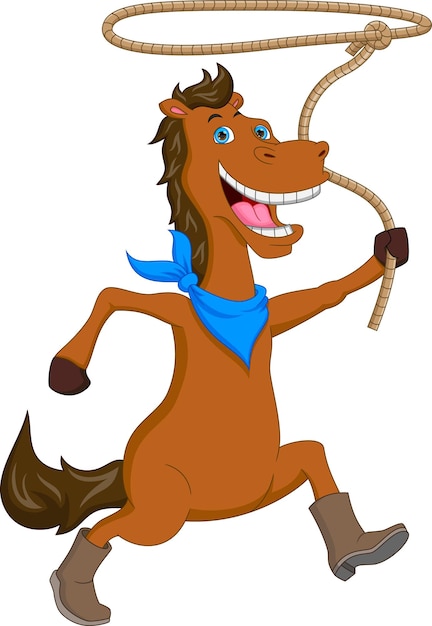 Cartoon horse wearing boots and blue bandana, joyfully twirling a lasso mid-gallop.