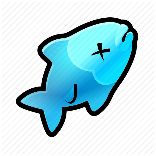Blue cartoon fish with X eyes and a smile, outlined in black and white, on a diagonal striped background.