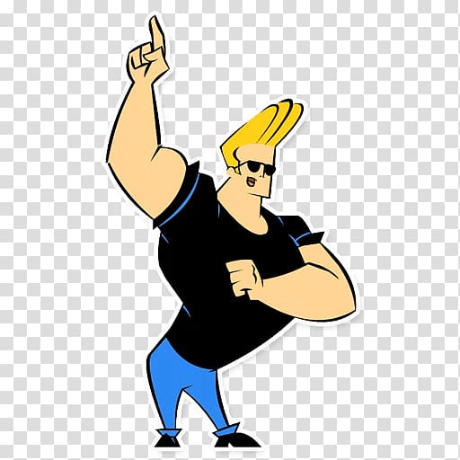 Cartoon character with spiky blond hair, sunglasses, black shirt, and blue pants striking a confident pose with one finger raised.