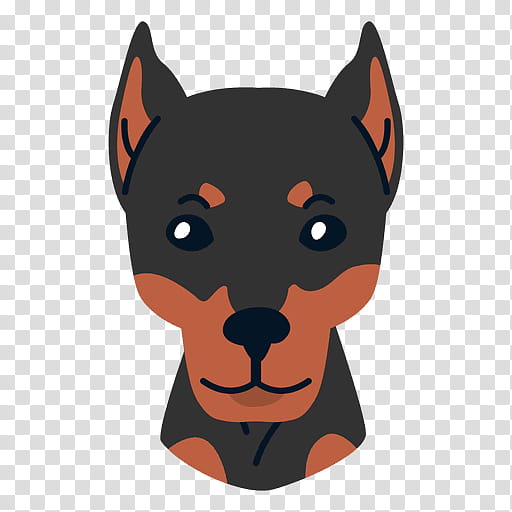 Illustrated Doberman Pinscher head with black and tan markings, upright ears, and expressive eyes on transparent background.