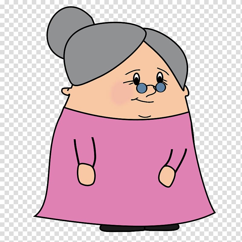 Cartoon illustration of an elderly woman with gray hair in a bun, wearing glasses and a pink dress.