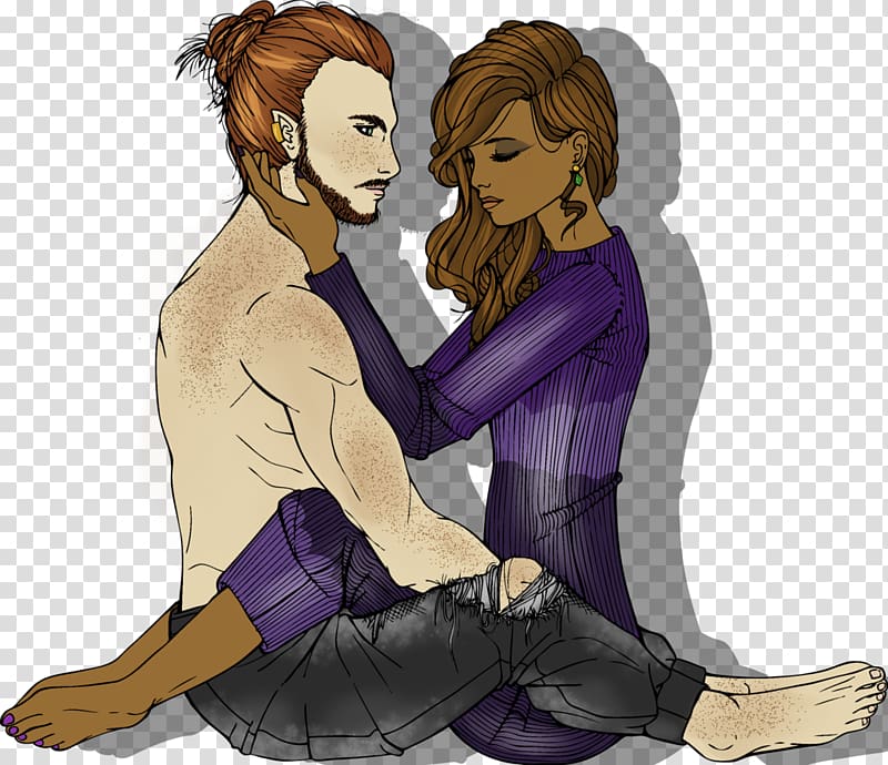 A tender moment between a shirtless man with red hair and a woman in purple, sitting closely and gazing at each other.
