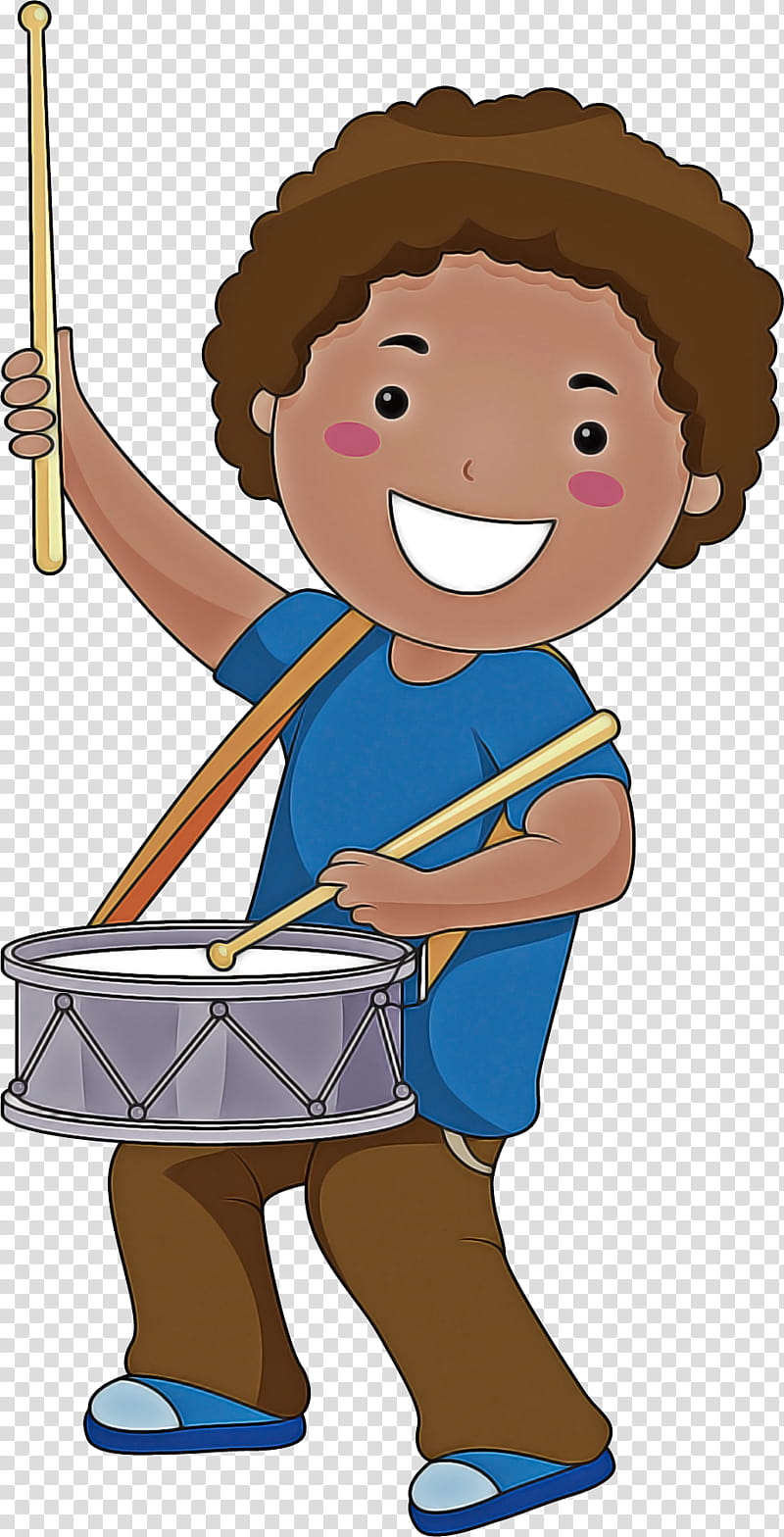 Happy child with curly hair playing a snare drum with drumsticks, wearing blue shirt and brown pants.