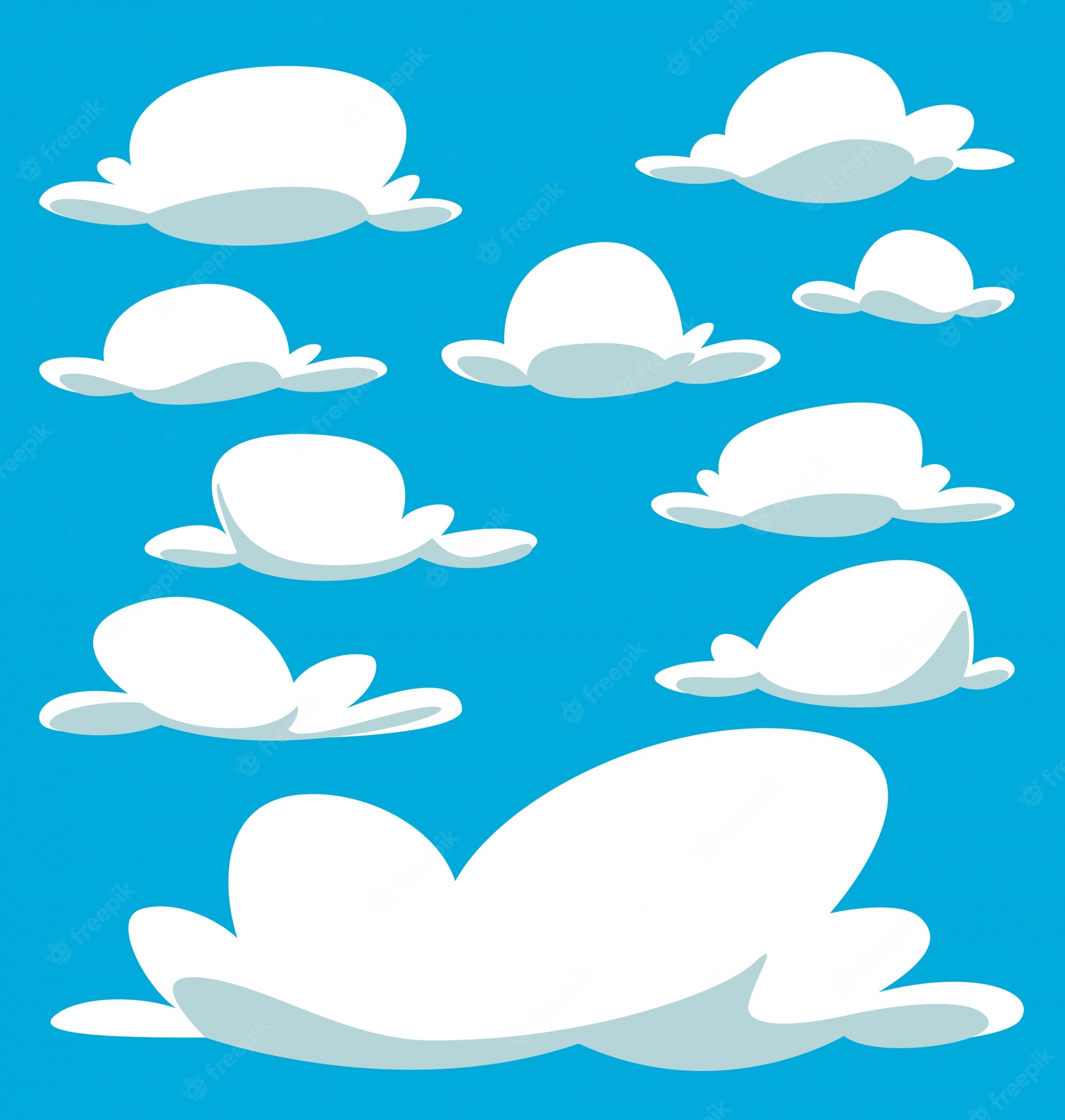 Stylized white cartoon clouds on a bright blue sky background, varying in size and shape for graphic design use.