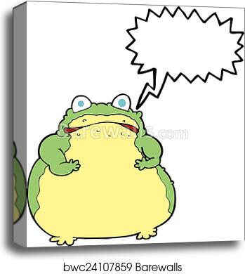 Chubby green cartoon frog with wide eyes and speech bubble, arms crossed, looking surprised or skeptical.