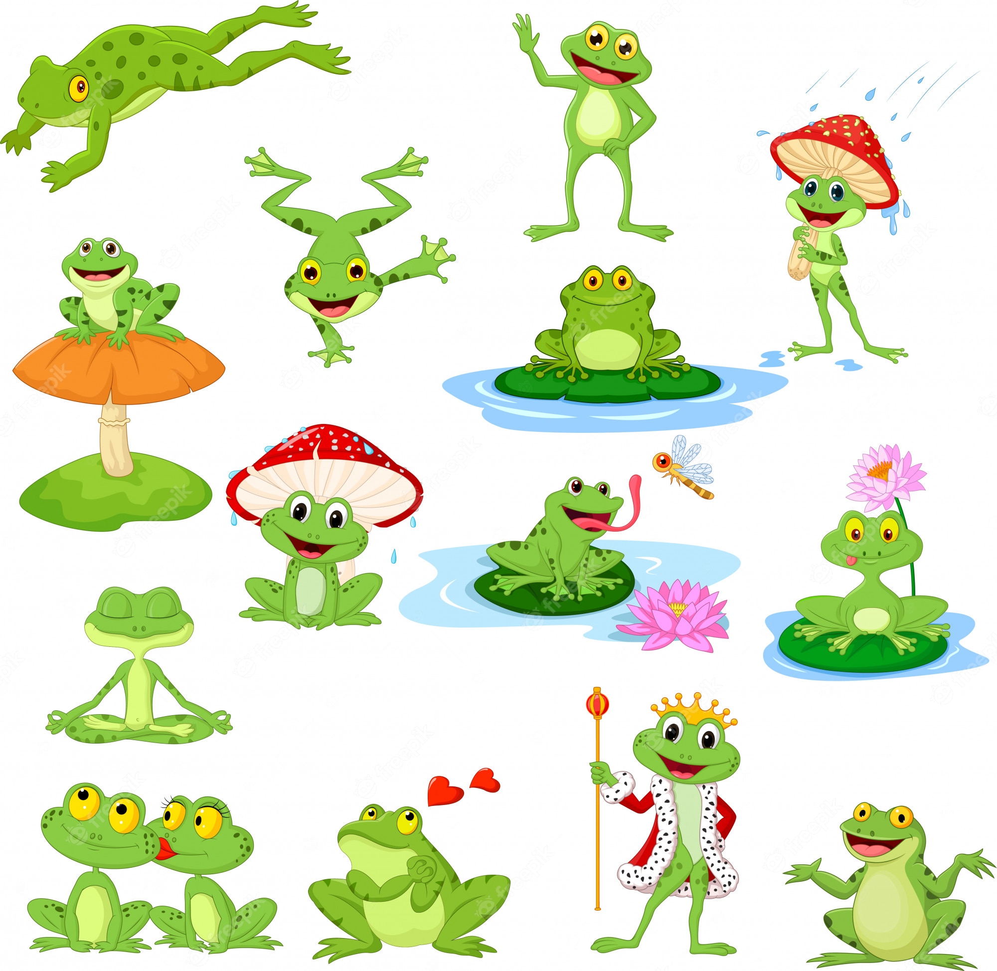 Collection of cartoon frogs in playful poses: jumping, meditating, wearing crowns, sitting on lily pads and mushrooms.